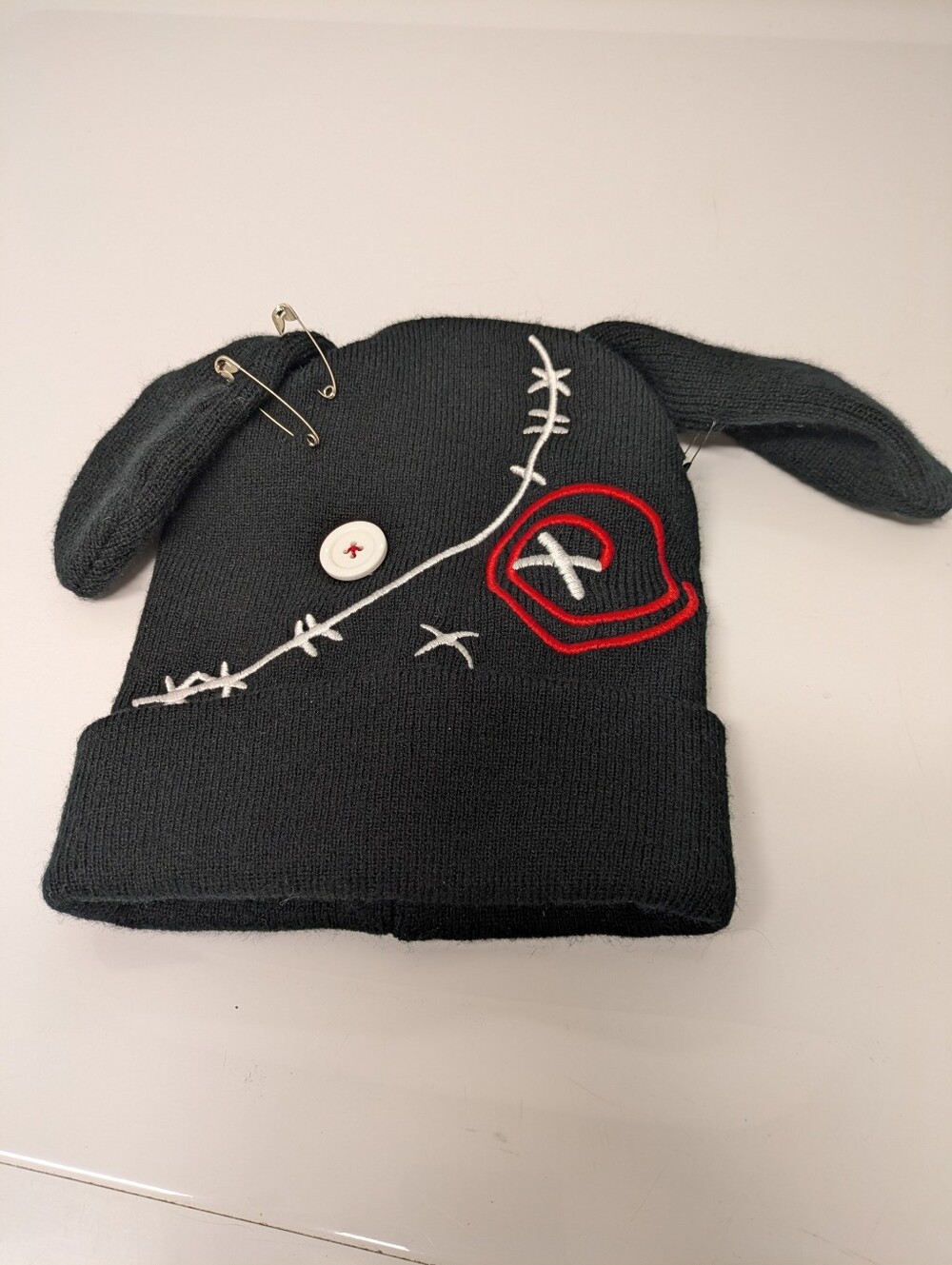 Hot Topic Stitched Black Bunny Figural Beanie Hat Safety Pins Voodoo Goth